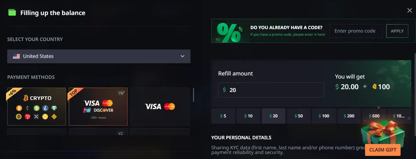 Making a deposit on Hellcase